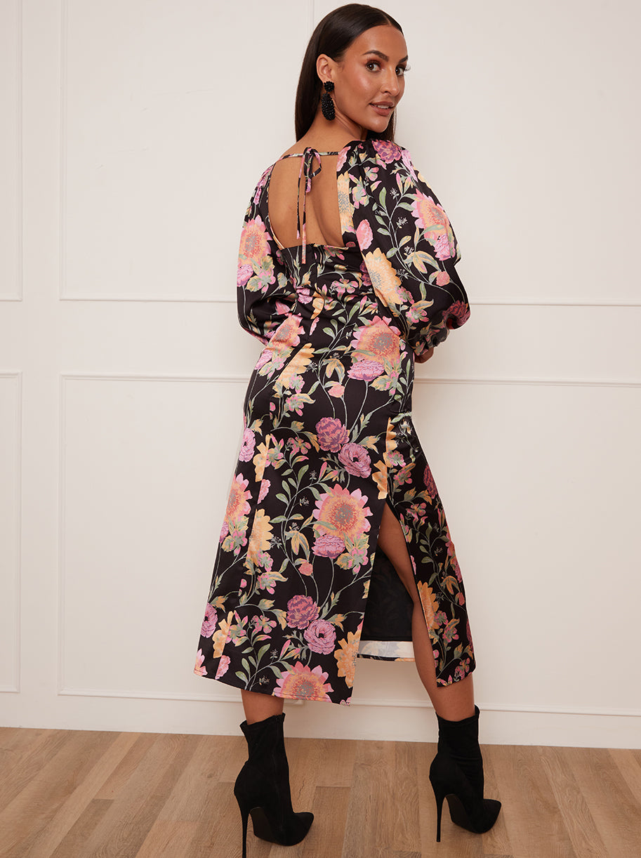 Petite Long Sleeve Cut-Out Detail Floral Print Midi Dress in Black 4 Petite Long Sleeve Cut-Out Detail Floral Print Midi Dress in Black 4