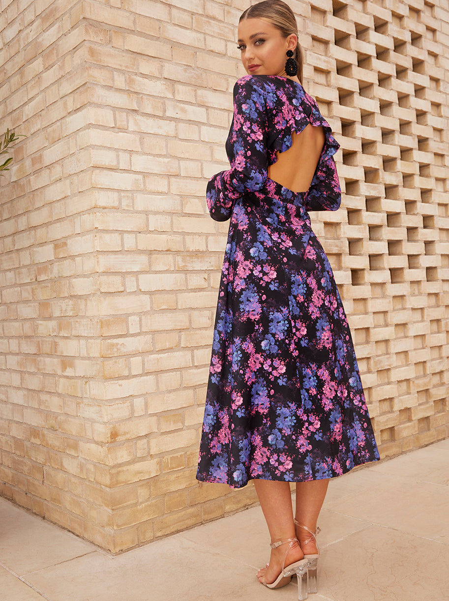 chinese dress ladies Chi Chi Long Sleeve V Neck Floral Print Midi Dress in Black, Size 10