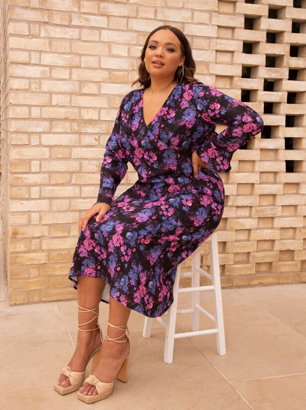brown belt black dress Chi Chi Plus Size Long Sleeve V Neck Floral Print Midi Dress in Black, Size 20