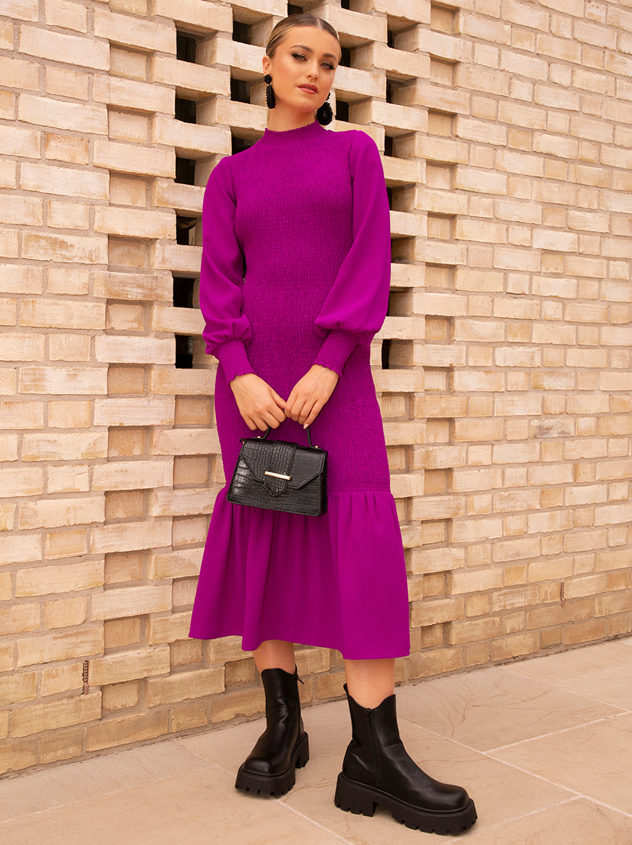 Long Sleeve Shirred Maxi Dress in Pink | Chi Chi London UK