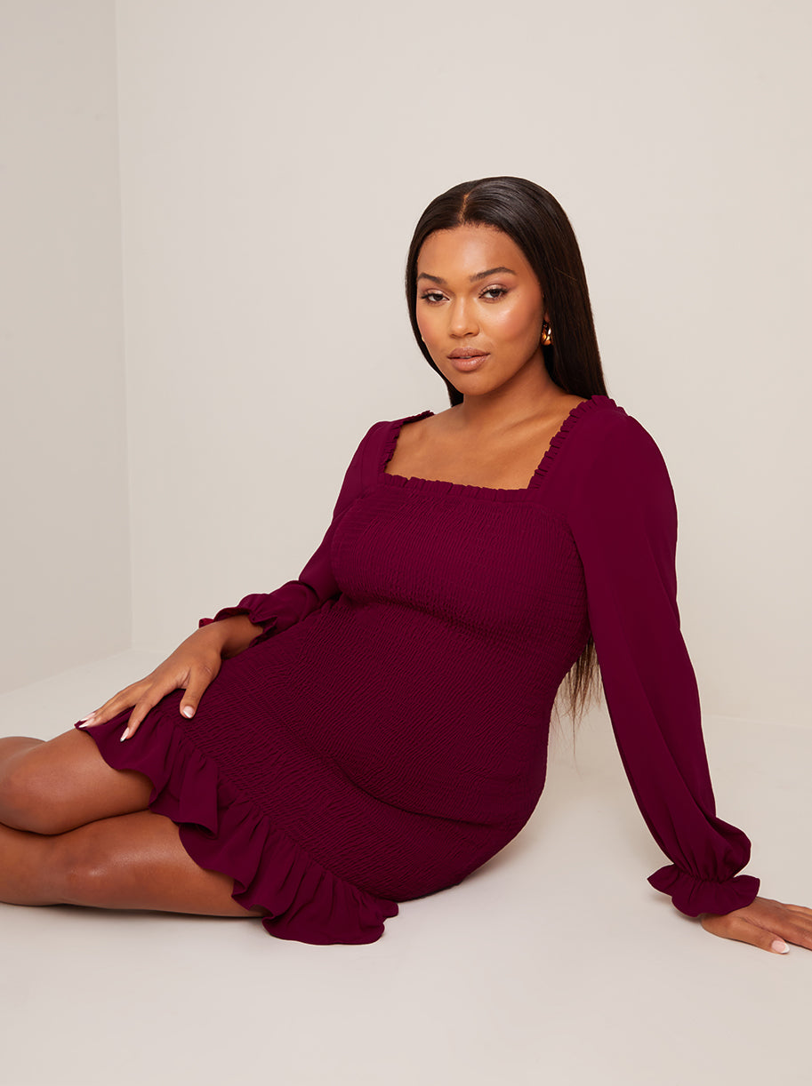 Long Sleeve Shirred Mini Dress in Wine | Chi Chi London UK Long Sleeve Shirred Mini Dress in Wine | Chi Chi London UK