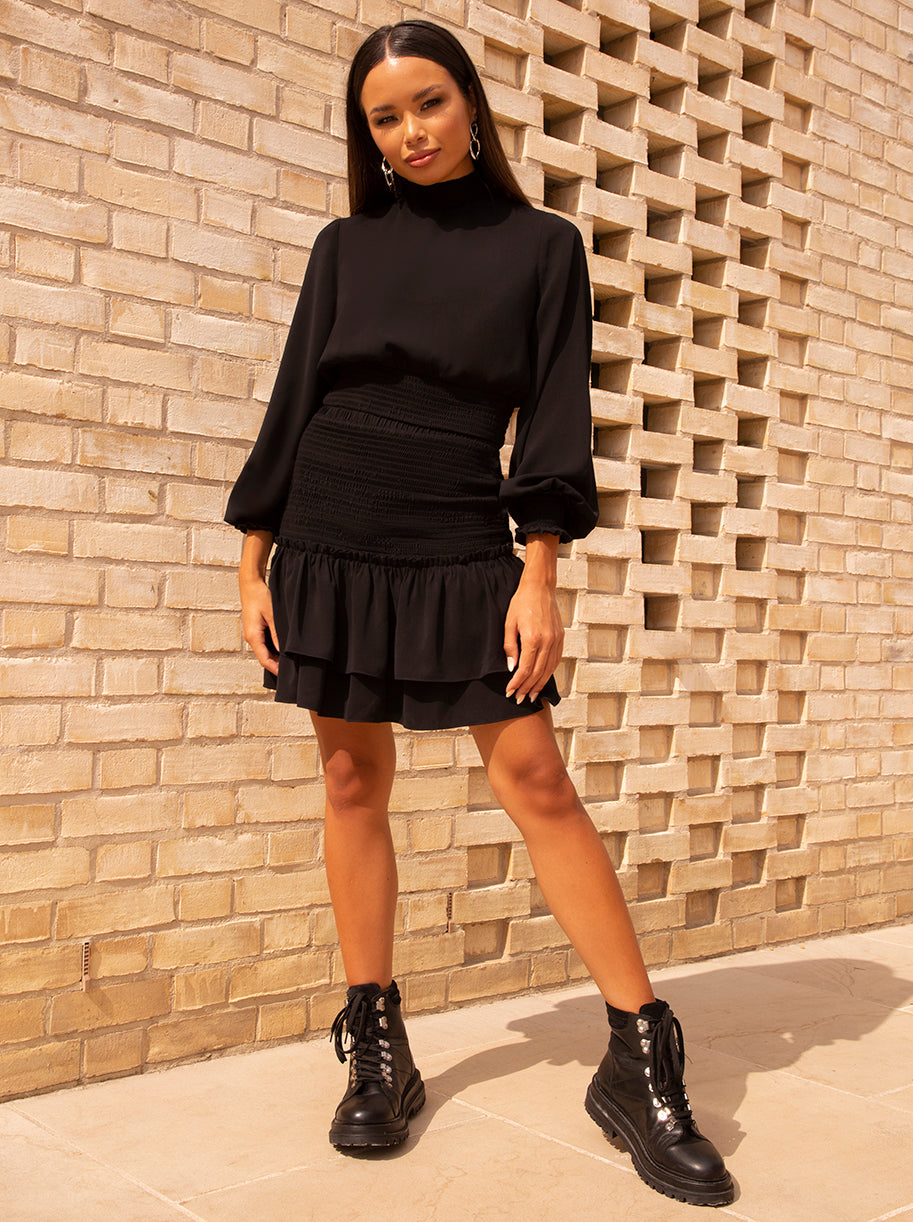 Shirred Ruffle Mini Skirt in Black | Chi Chi London UK