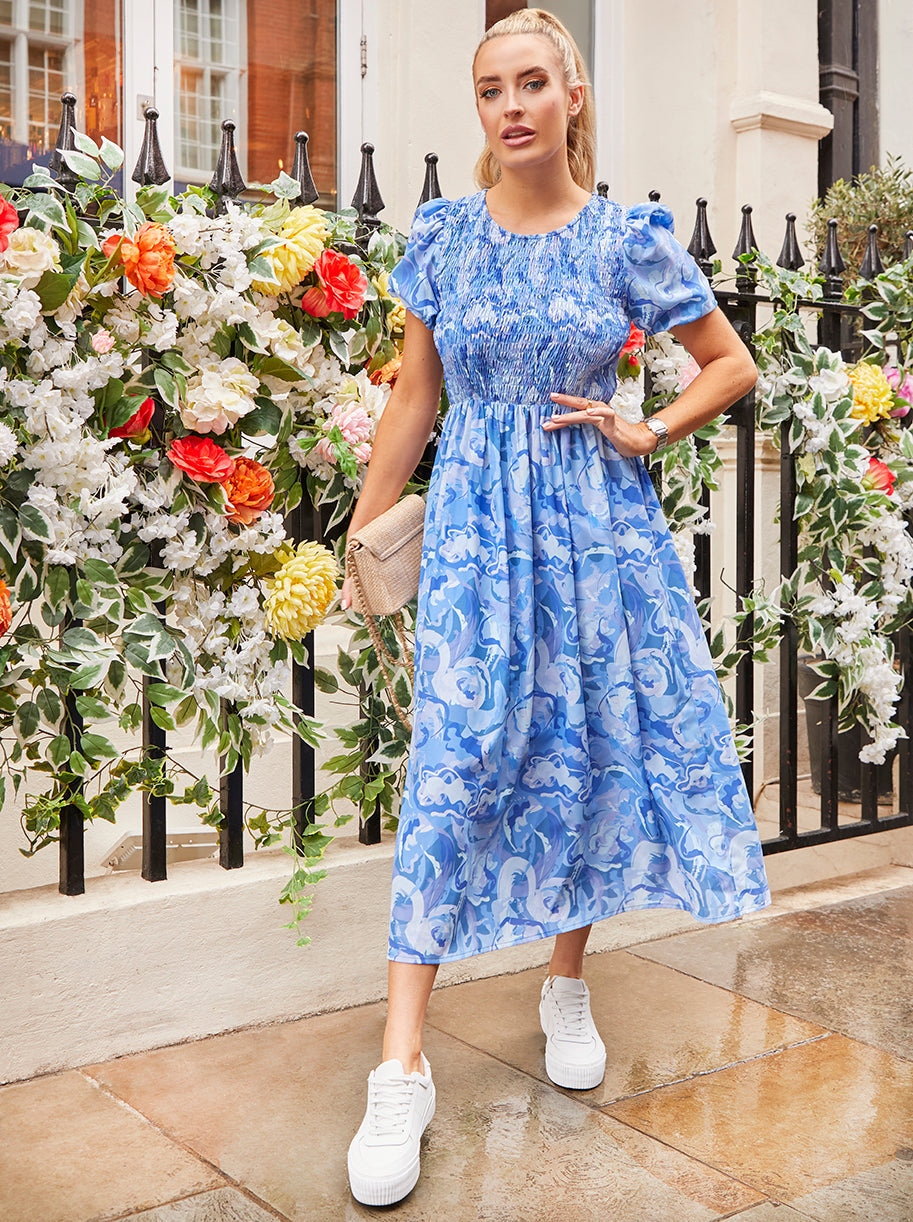 Puff Sleeve Swirl Print Midi Dress in Blue