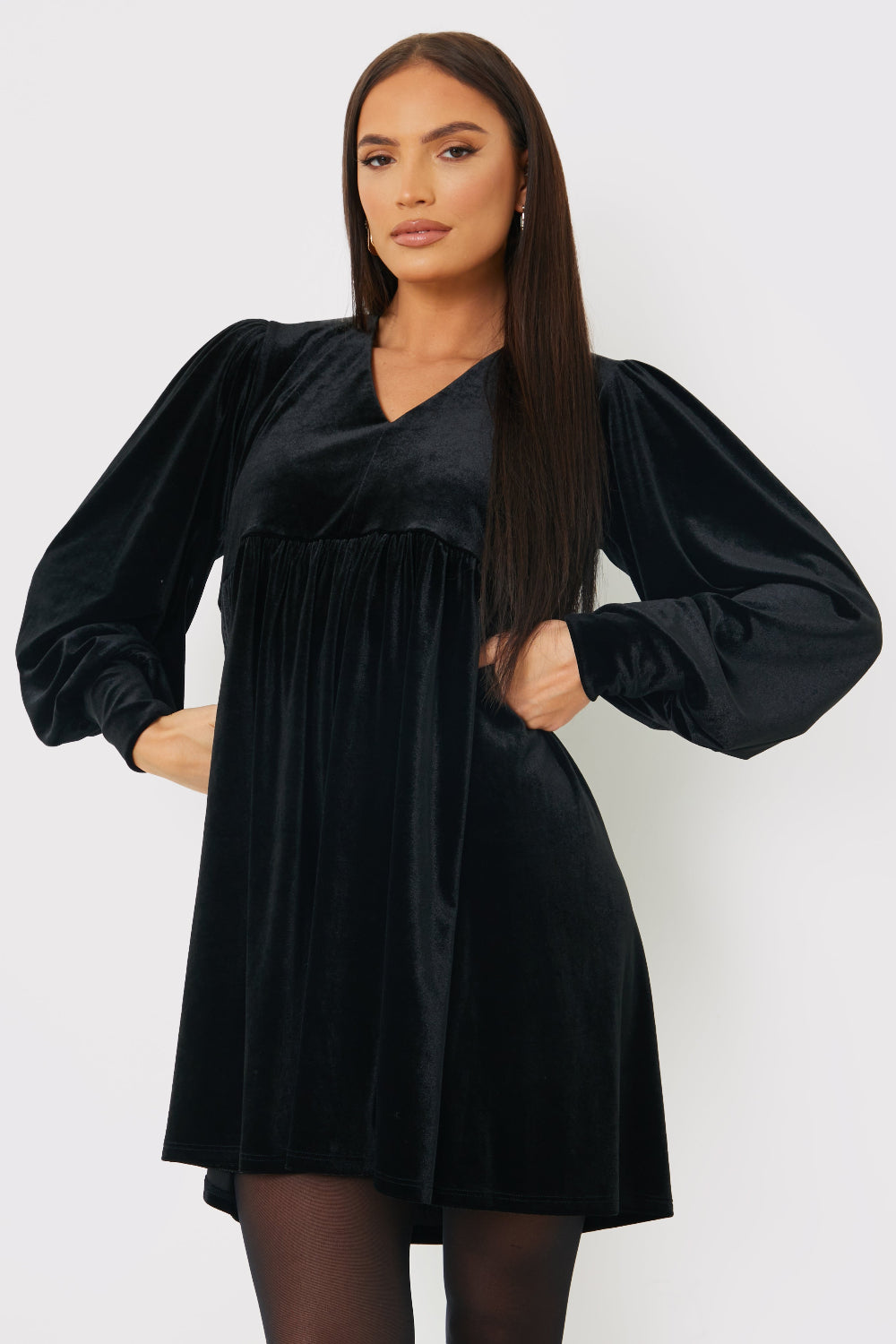In The Style Women's Black Velvet Smock Mini Dress