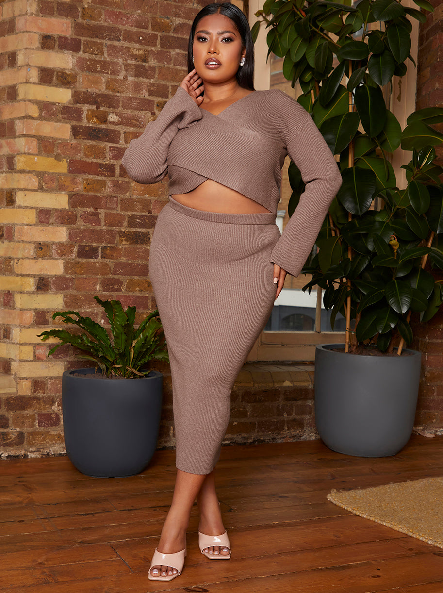 Plus Size Rib Knit Midi Skirt in Mocha | Chi Chi London UK