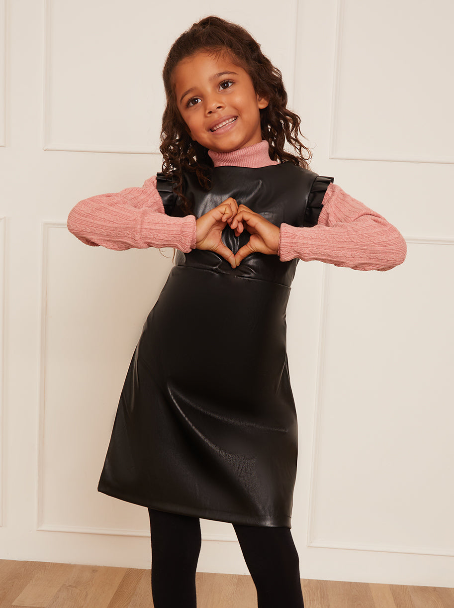 Girls Ruffle Sleeve Faux Leather Pinafore Dress in Black