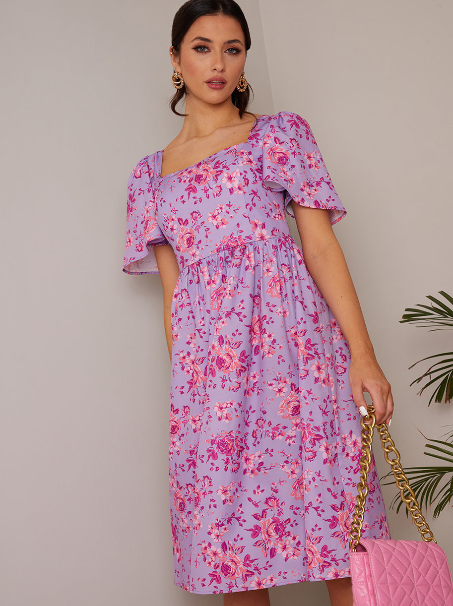 Chi Chi London Square Neck Ditsy Floral Midi Dress - Purple - Size 10
