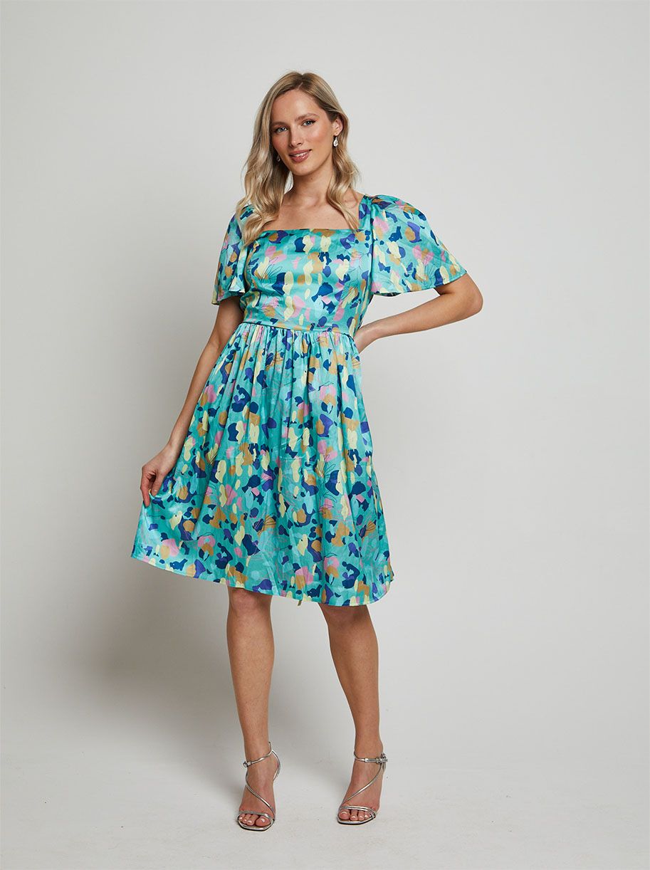 mustard green dress Chi Chi Square Neck Abstract Satin Mini Dress in Green, Size 6