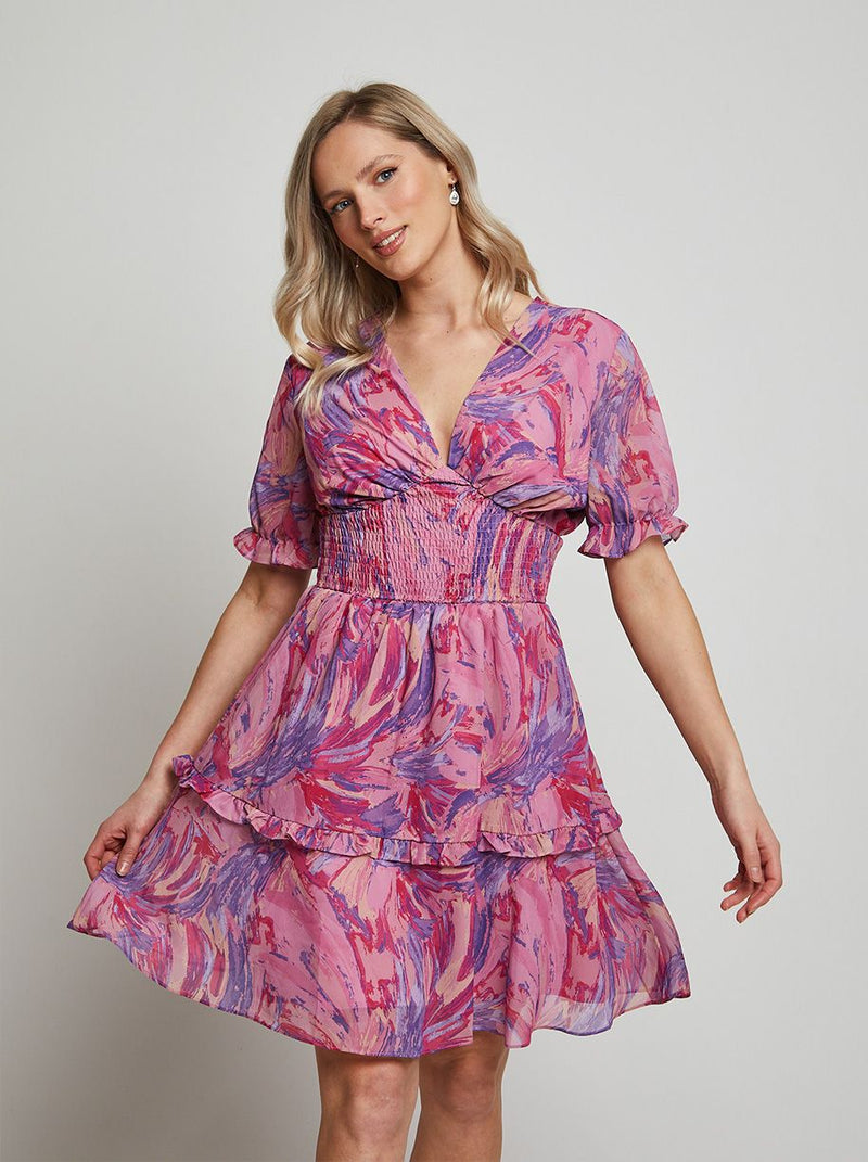 Puff Sleeve V Neck Tiered Abstract Midi Dress in Pink