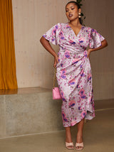 Plus Size Short Sleeve V Neck Floral Midi Dress in Purple