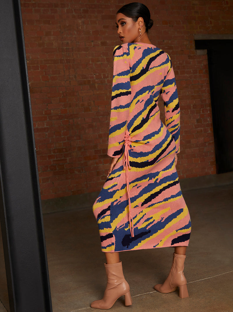 Abstract Stripe Ruched Side Knitted Midi Dress in Multi
