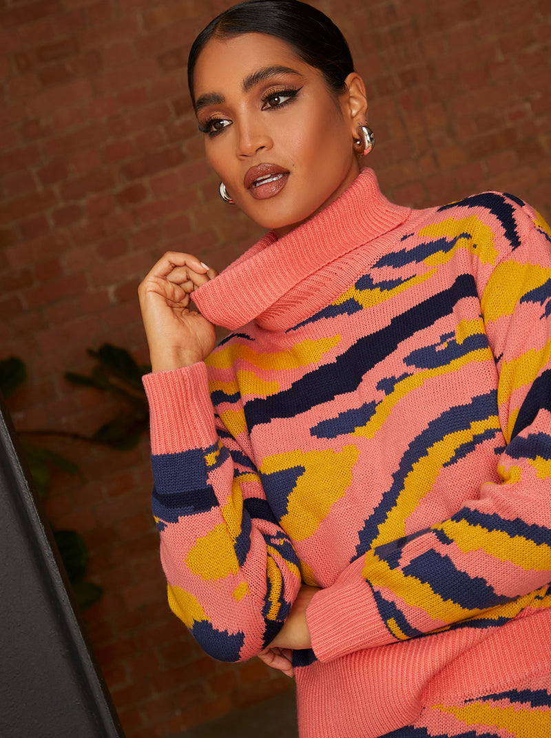 Roll Neck Abstract Stripe Jumper in Multi