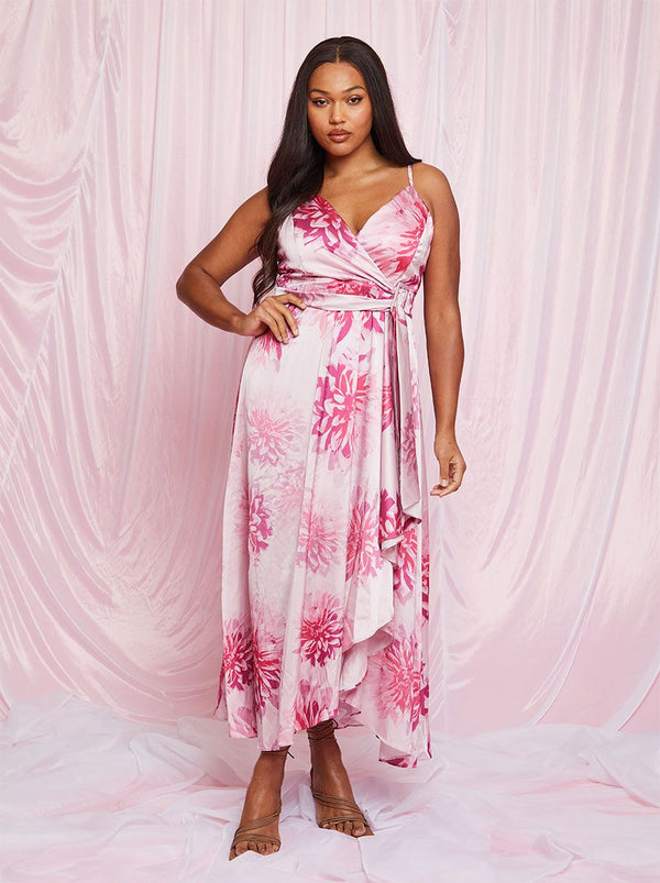 Cami Floral Print Wrap Midi Dress in Pink