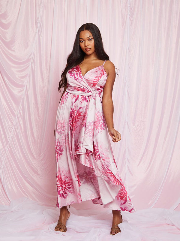 Cami Floral Print Wrap Midi Dress in Pink