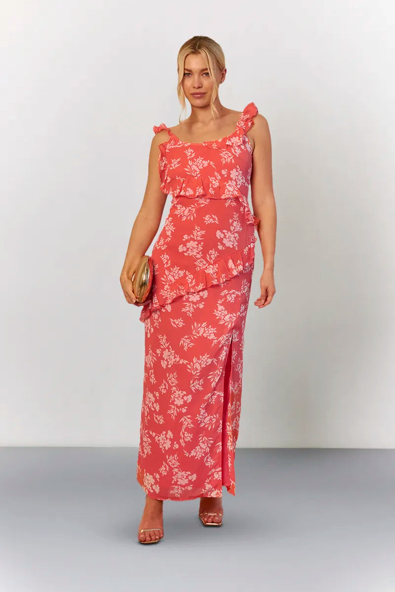 frill detail maxi dress In The Style Coral Floral Print Chiffon Frill Detail Maxi Dress