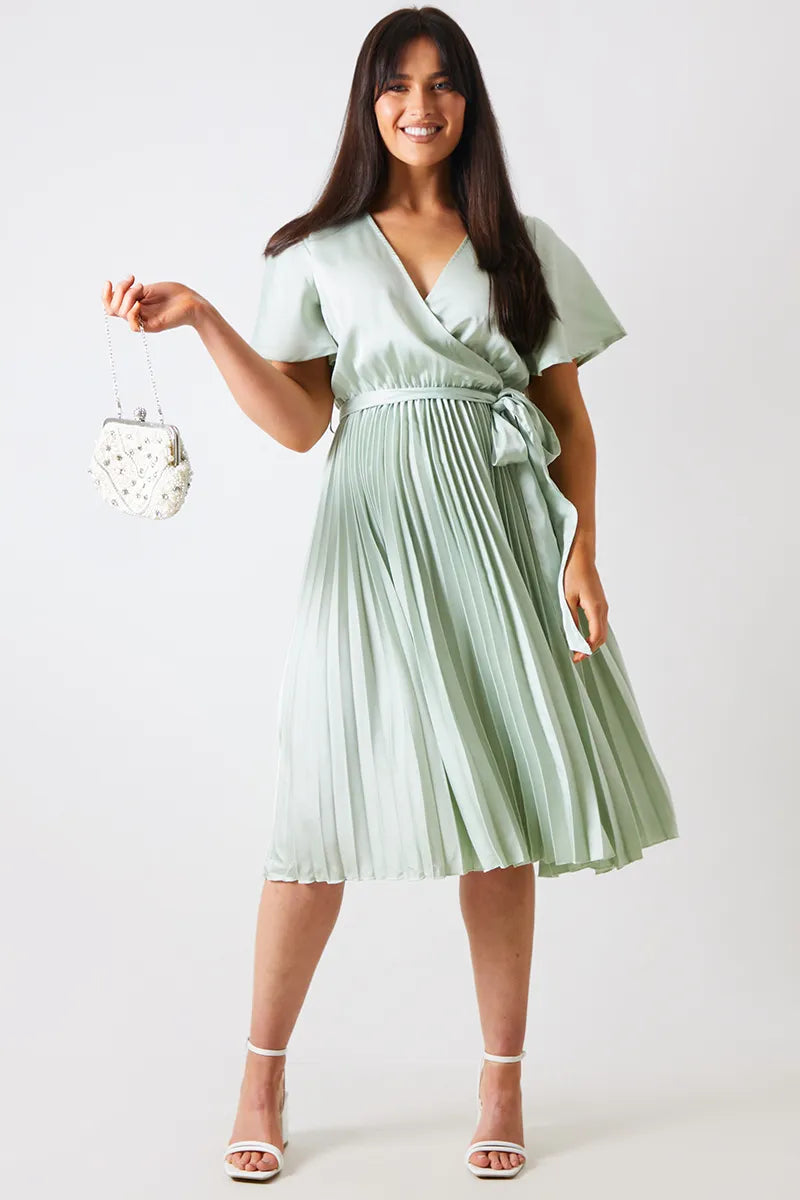 In The Style Angel Sleeve Pleated Wrap Midi Dress