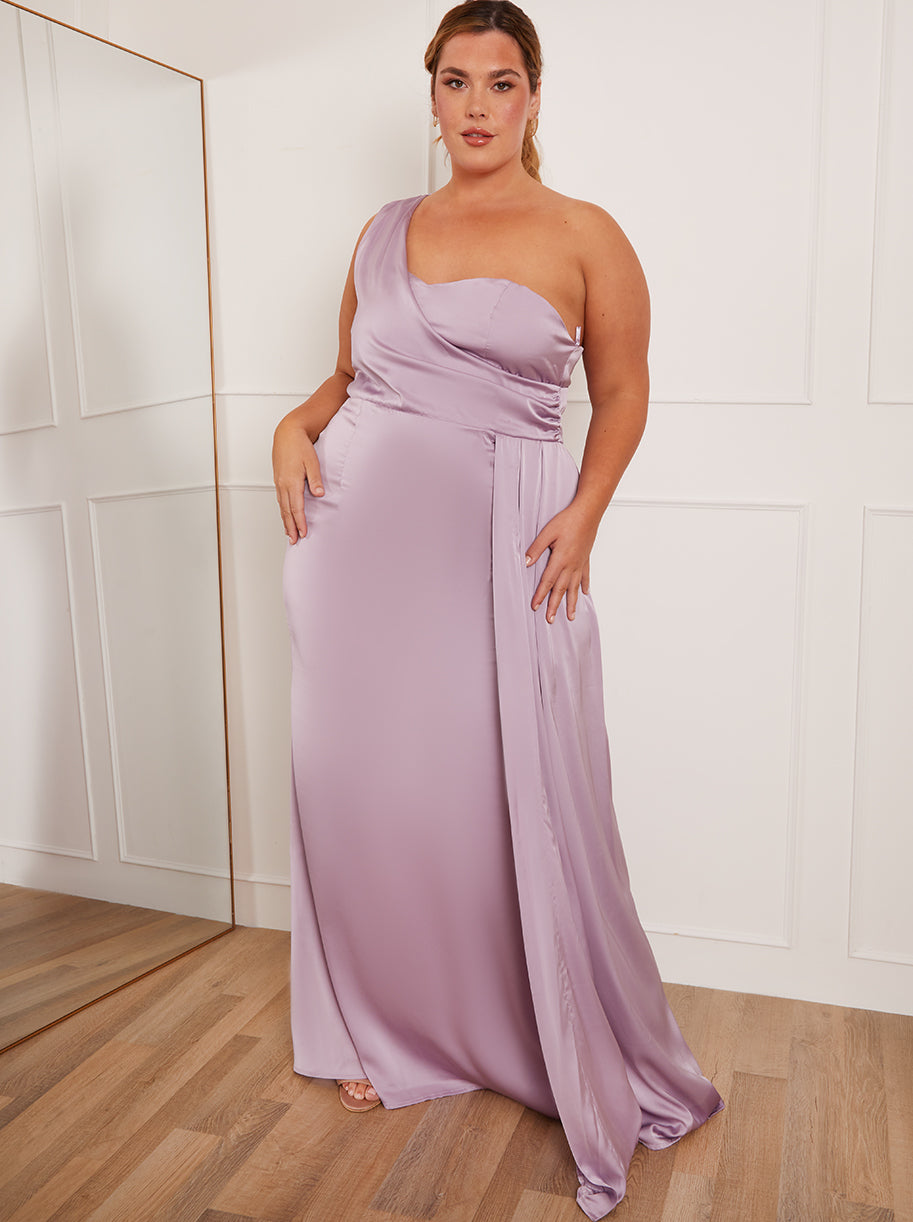 strapless open back dress Chi Chi Plus Size One Shoulder Satin Maxi Dress in Lilac in Purple, Size 22