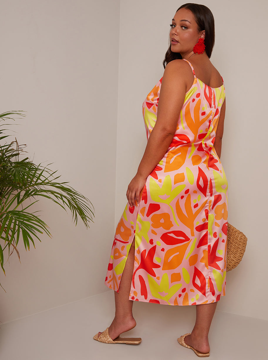 Plus Size Abstract Print Midi Slip Dress in Orange