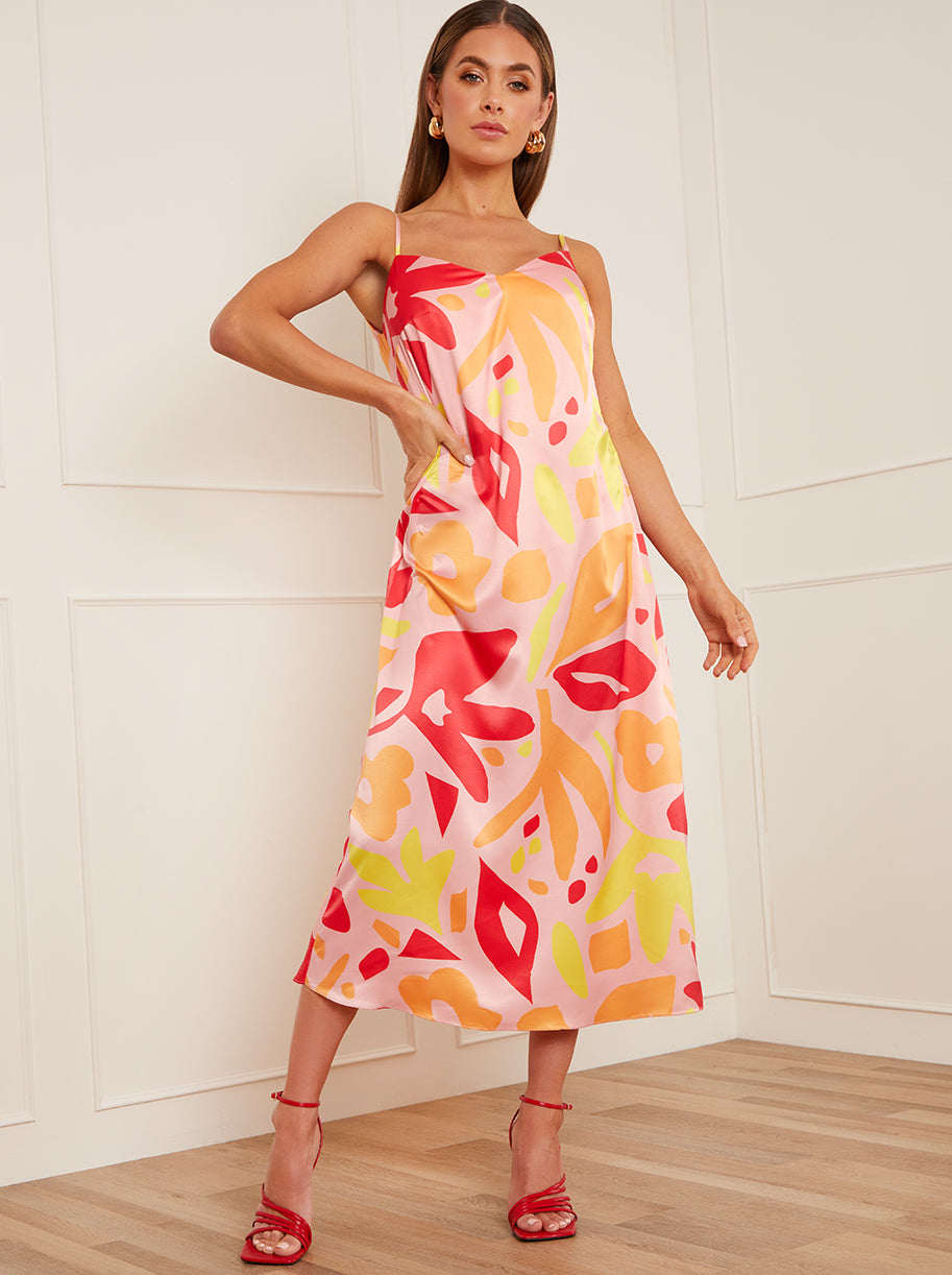 Chi Chi Abstract Print Midi Slip Dress in Orange, Size 8