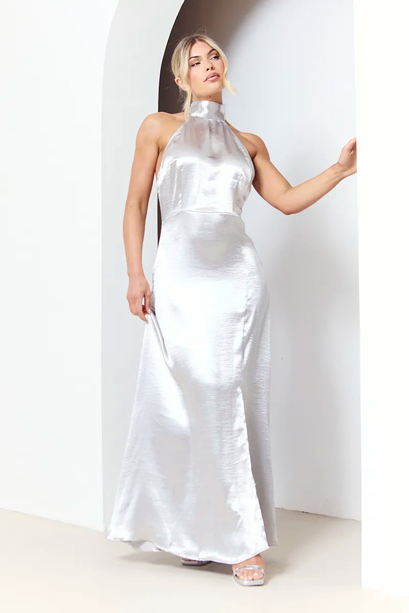 silver satin maxi dress In The Style Silver Liquid Satin Halterneck Split Detail Maxi Dress