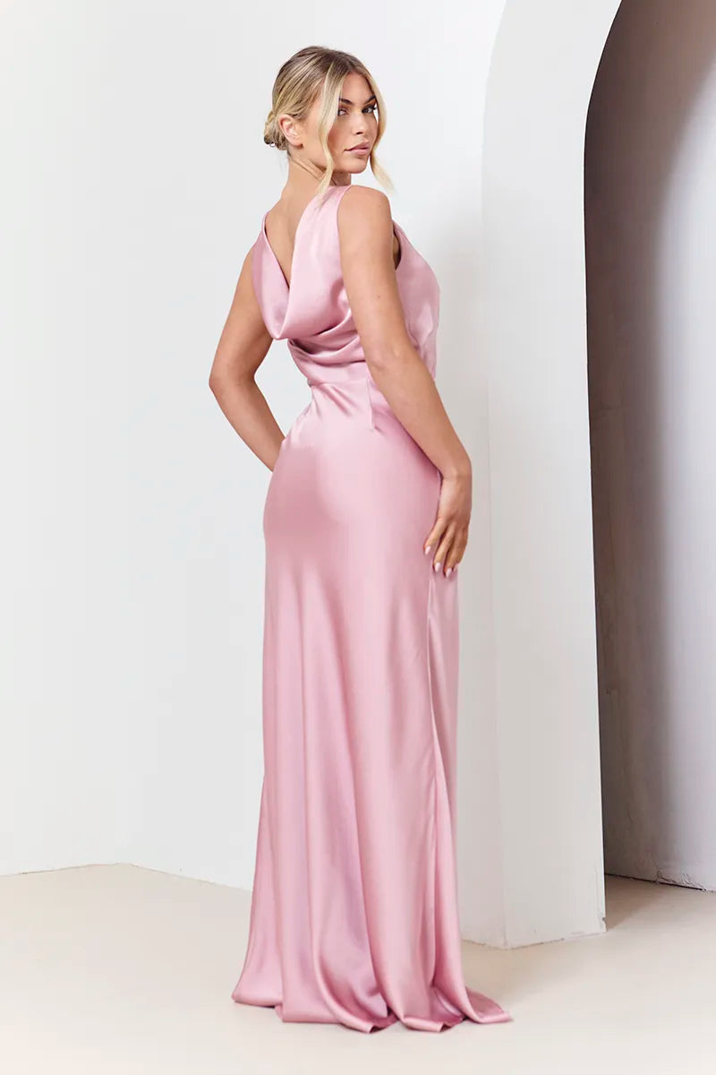 rose pink satin dress Dusty Rose Wrap Satin Dress With Flutter Sleeves
