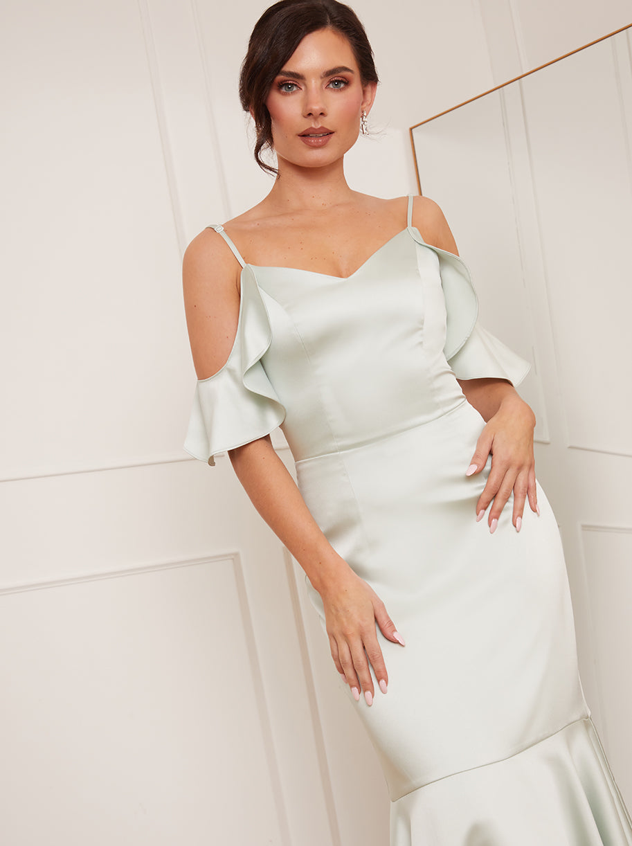 Chi Chi Petite Satin Cami Ruffle Strap Bodycon Dress in Mint, Size 16