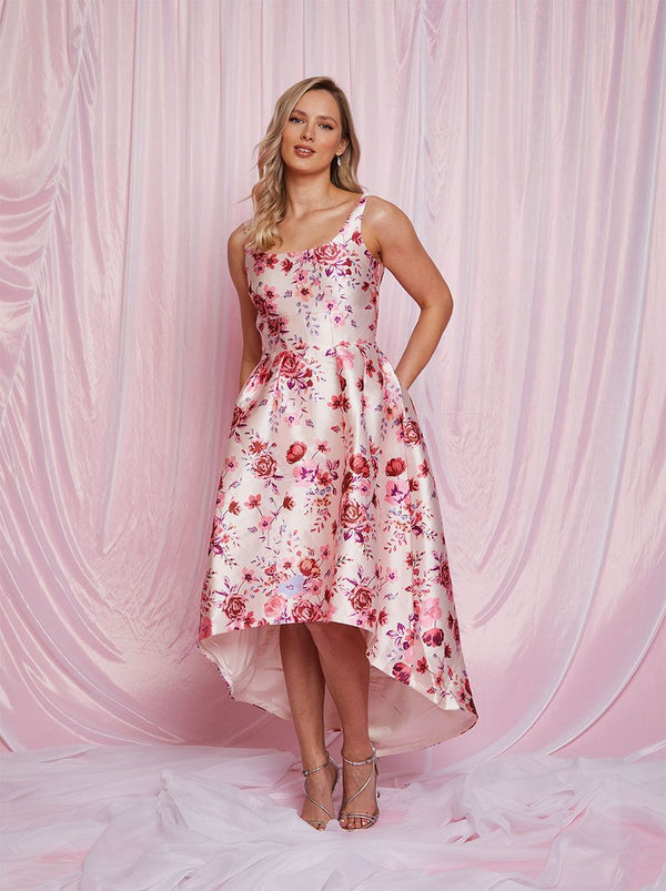 Sleeveless Floral Dip Hem Dress in Pink