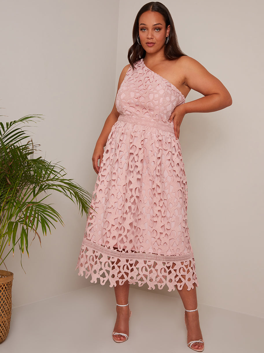 Plus Size One Shoulder Premium Lace Midi Dress in Blush | Chi Chi London UK Plus Size One Shoulder Premium Lace Midi Dress in Blush | Chi Chi London UK