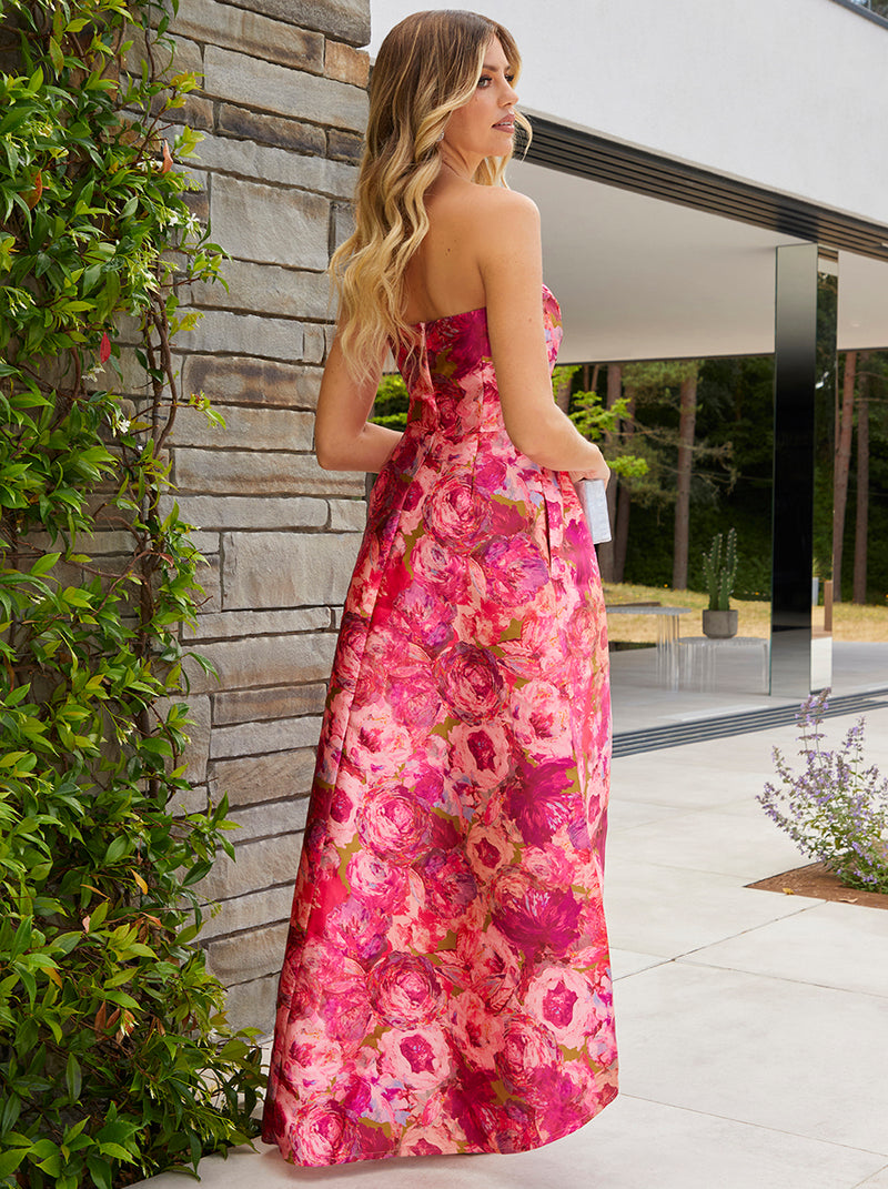 Bandeau Sweetheart Floral Wrap Detail Dip Hem Dress in Pink