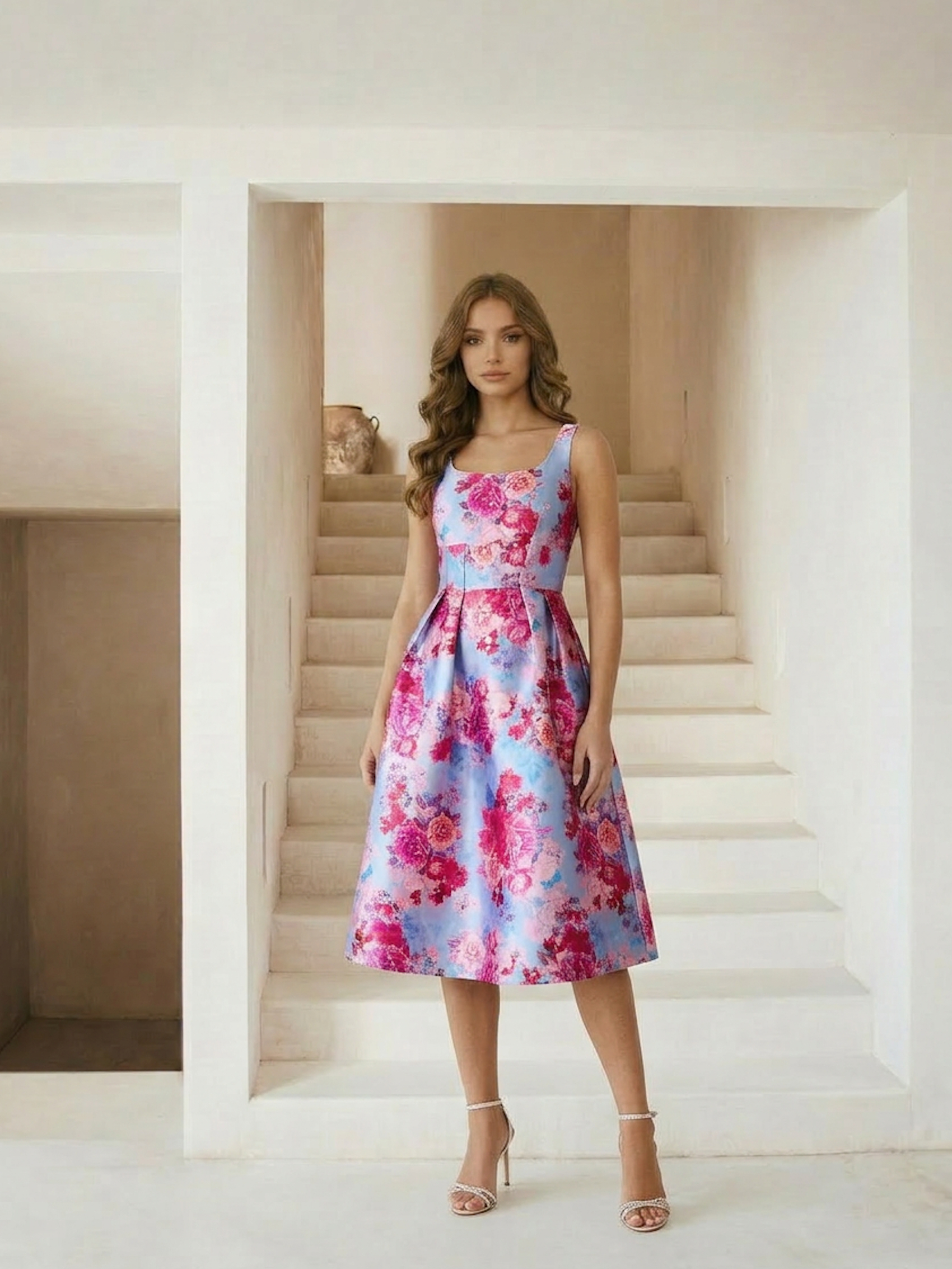 slim fit dress slacks Chi Chi London Women's Sleeveless Floral Fit & Flare Midi Dress Blue 8