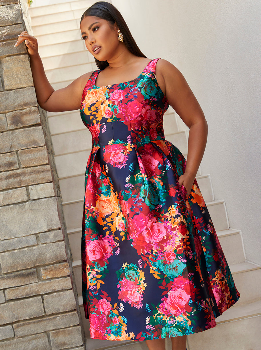 Plus Size Sleeveless Floral Fit and Flare Midi Dress in Navy | Chi Chi London UK Plus Size Sleeveless Floral Fit and Flare Midi Dress in Navy | Chi Chi London UK