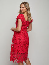 Bardot Premium Lace Fit and Flare Midi Dress in Hot Pink