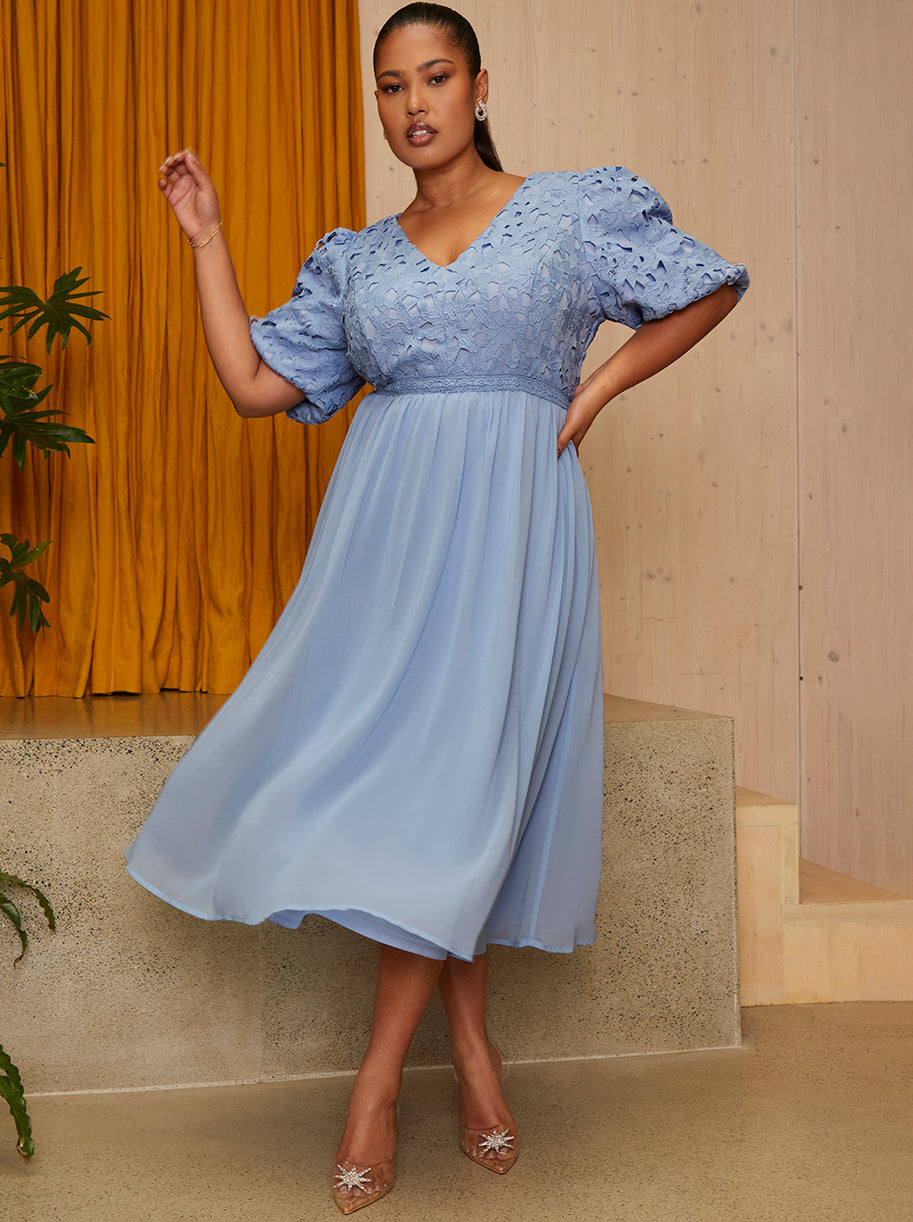 Plus Size Puff Sleeve Premium Lace Midi Dress in Blue | Chi Chi London UK Plus Size Puff Sleeve Premium Lace Midi Dress in Blue | Chi Chi London UK
