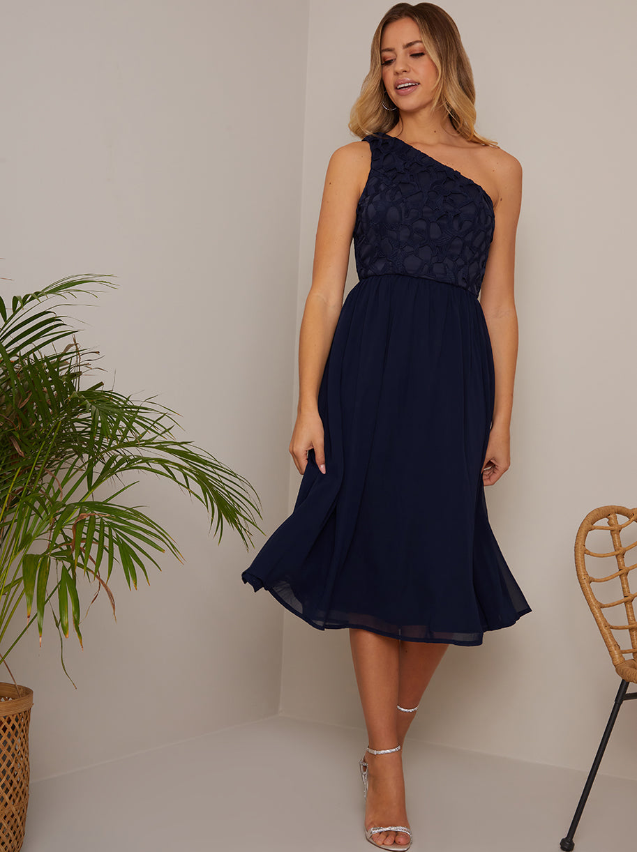 One Shoulder Premium Lace Chiffon Midi Dress in Navy | Chi Chi London UK One Shoulder Premium Lace Chiffon Midi Dress in Navy | Chi Chi London UK