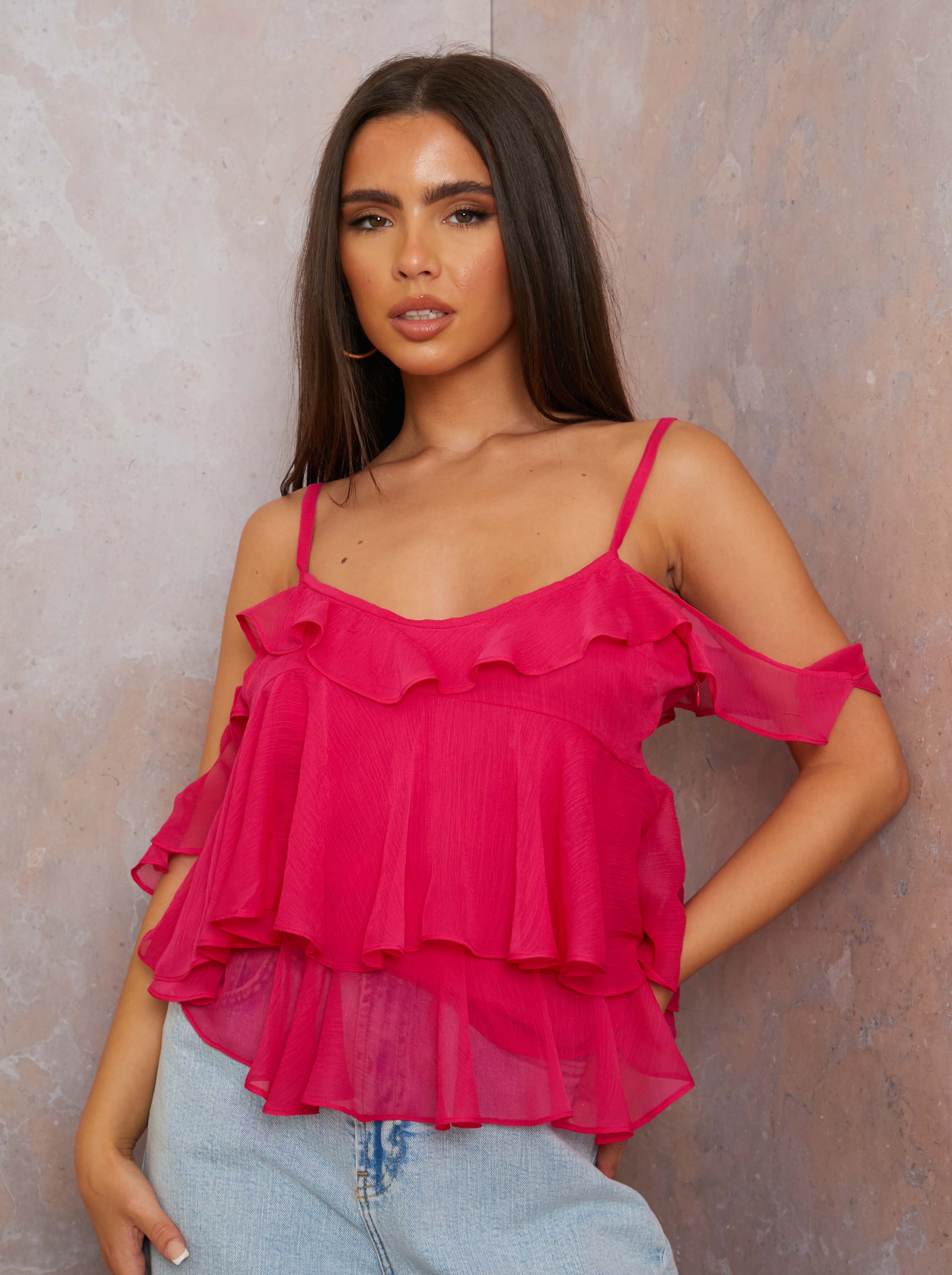Asymmetric Ruffle Detail Top in Pink | Chi Chi London UK