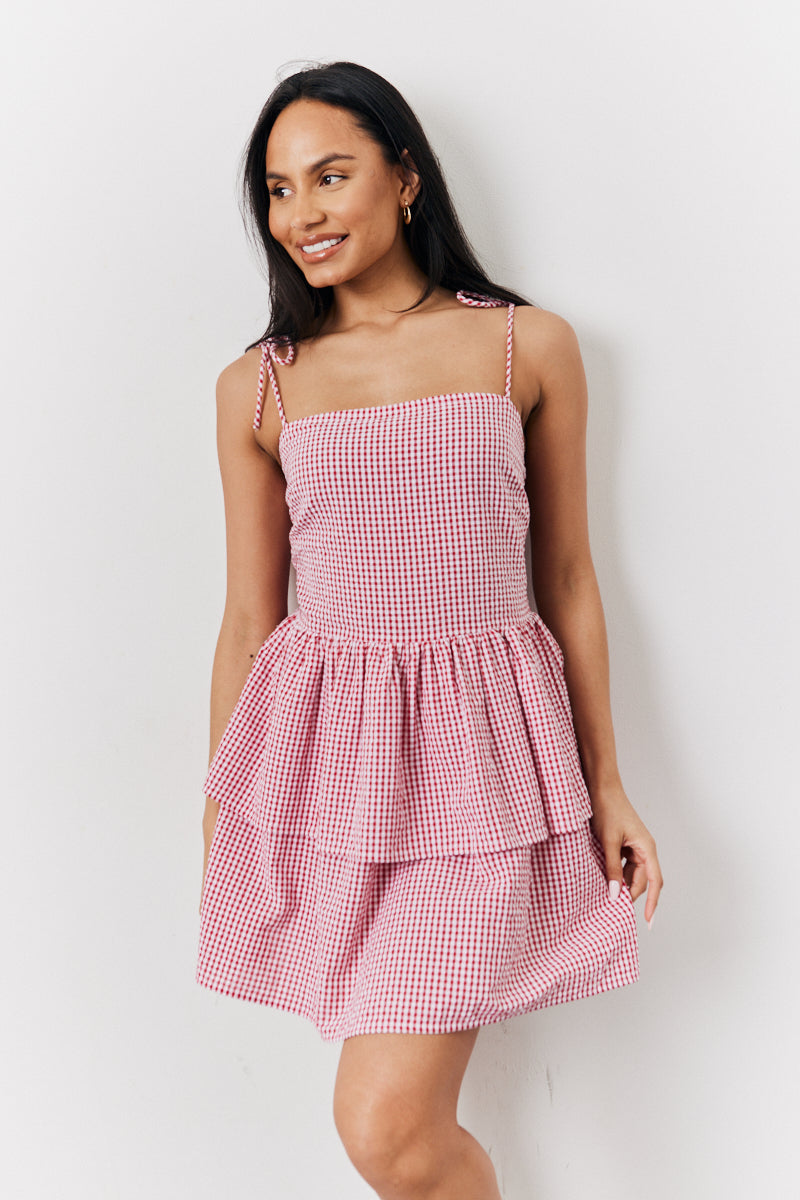Red Seersucker Gingham Shirred Mini Dress | Chi Chi London UK