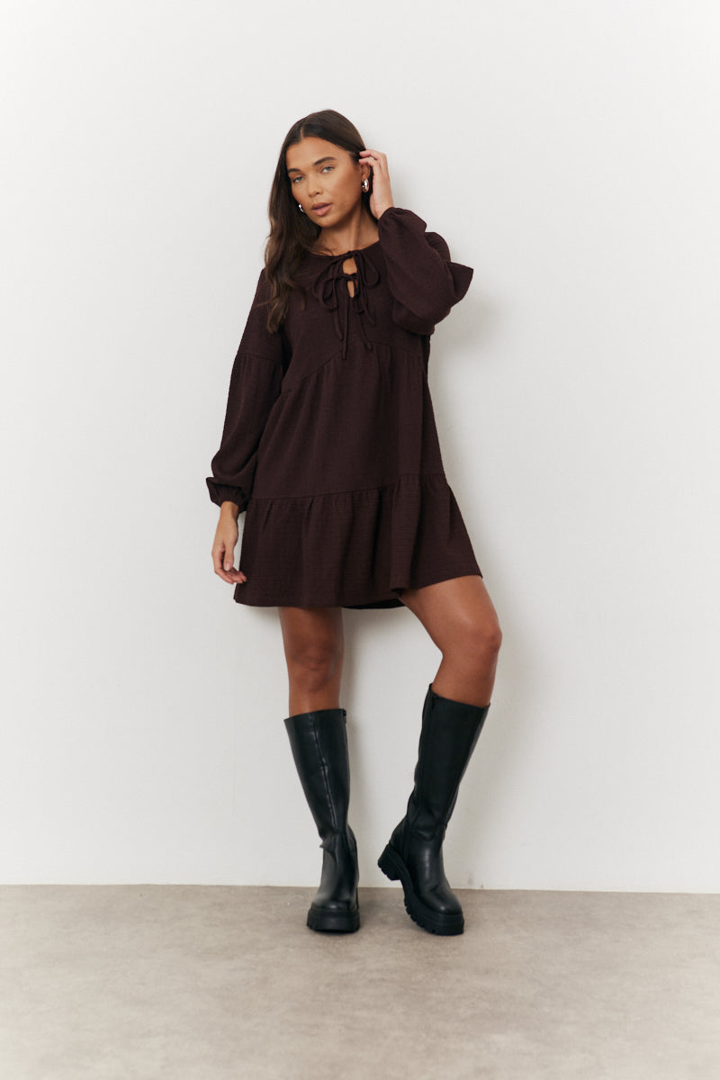 In The Style Brown Textured Tie Front Detail Smock Dress female 8