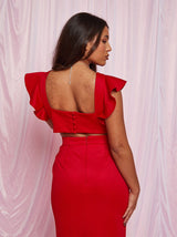 Ruffle Sleeve Cut Out Back Maxi Dress in Red