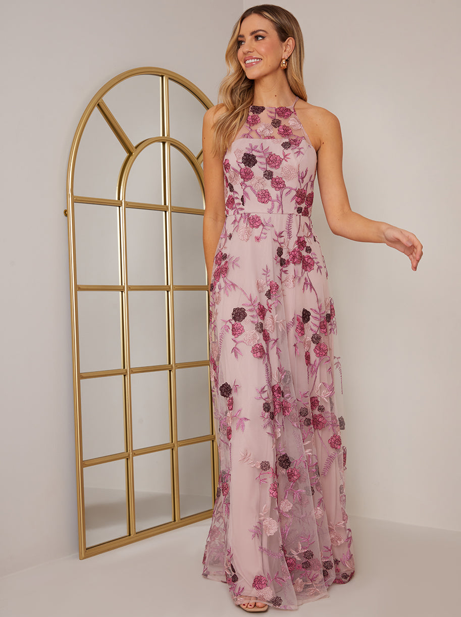 green emerald velvet dress Sleeveless Embroidered Maxi Dress in Pink