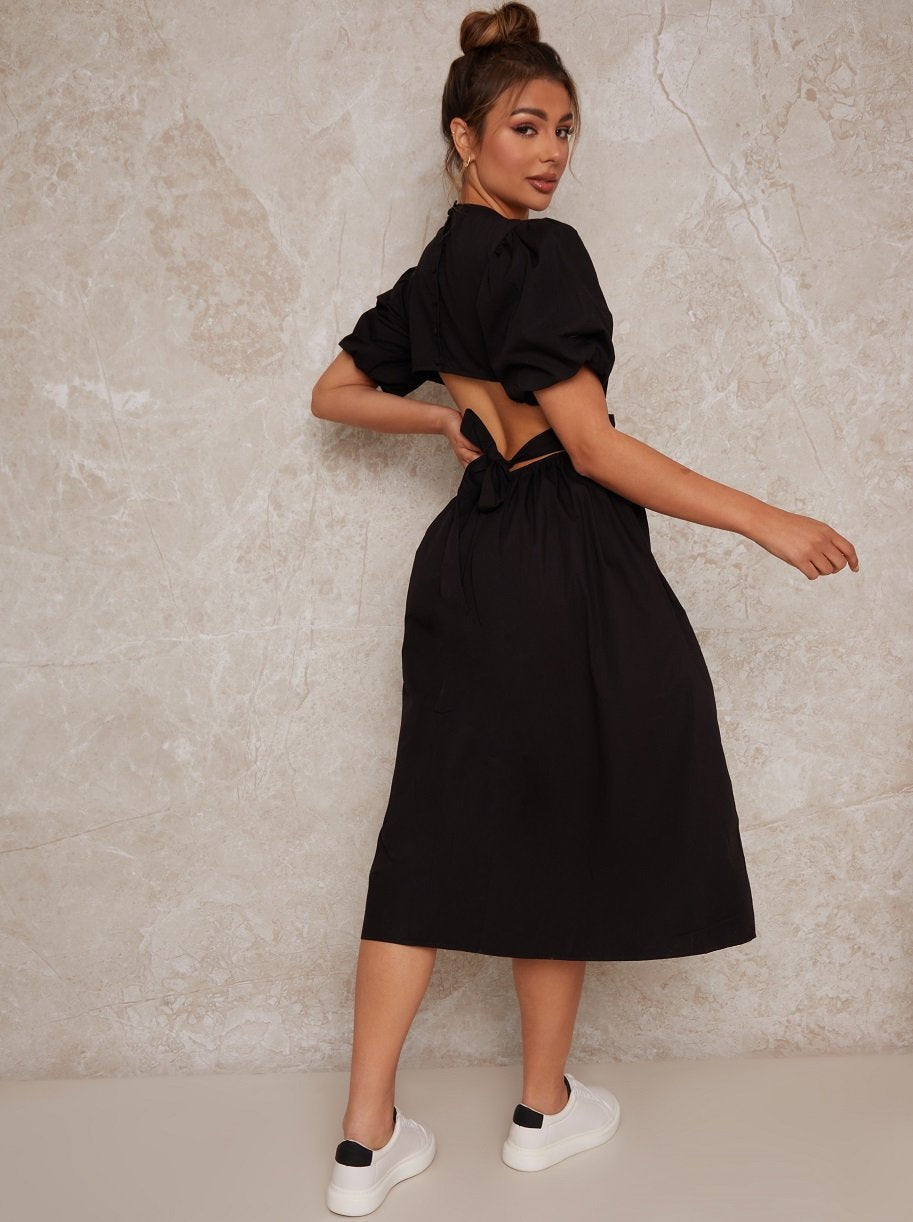 Open Back Puff Sleeve Midi Smock Dress in Black 16