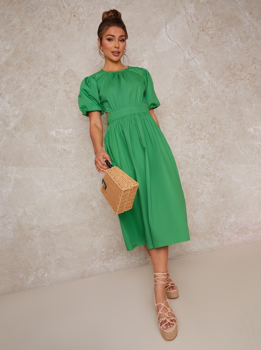 Open Back Puff Sleeve Midi Smock Dress in Green | Chi Chi London UK Open Back Puff Sleeve Midi Smock Dress in Green | Chi Chi London UK