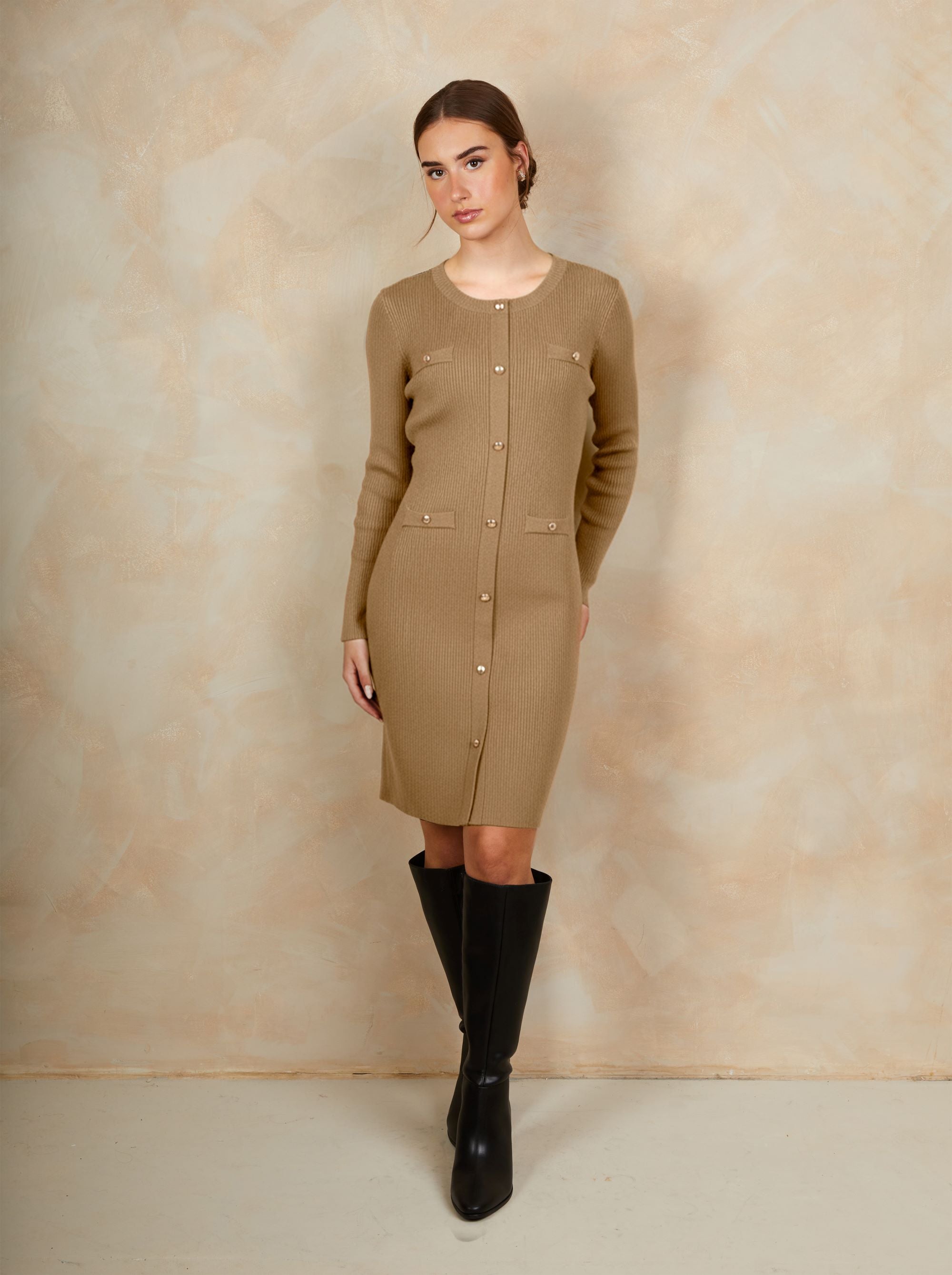 Long Sleeve Knitted Button Front Dress in Camel | Chi Chi London UK