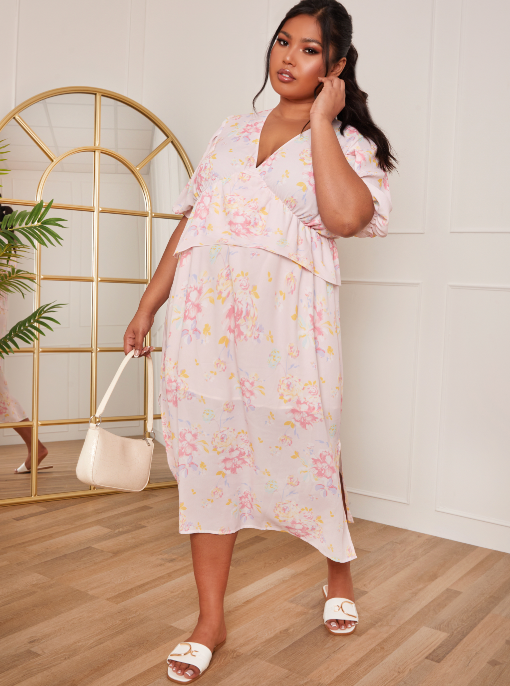 Plus Size Short Sleeve Floral Printed Midi Dress in Pink | Chi Chi London UK Plus Size Short Sleeve Floral Printed Midi Dress in Pink | Chi Chi London UK
