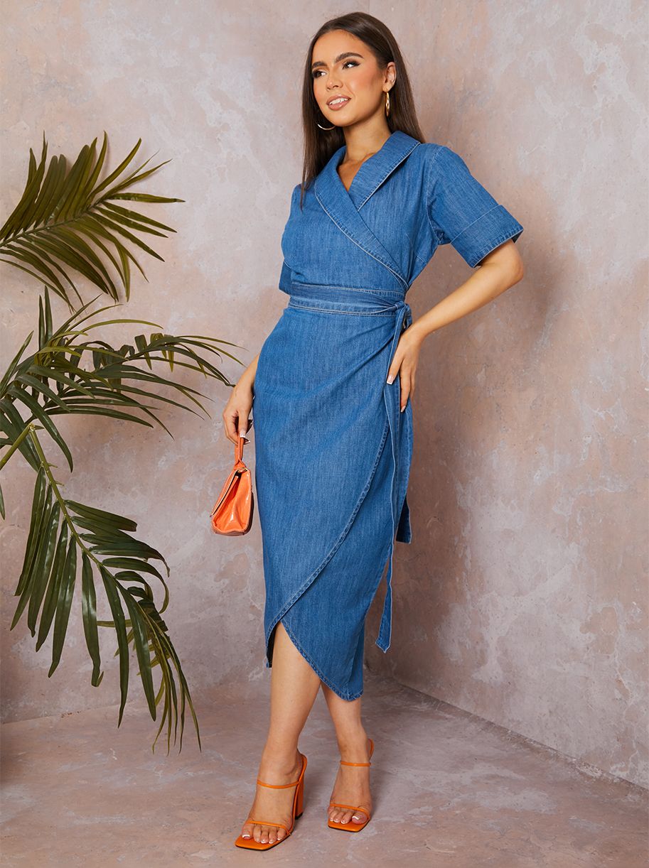 knee length dresses for ladies Short Sleeve Denim Wrap Midi Dress in Blue