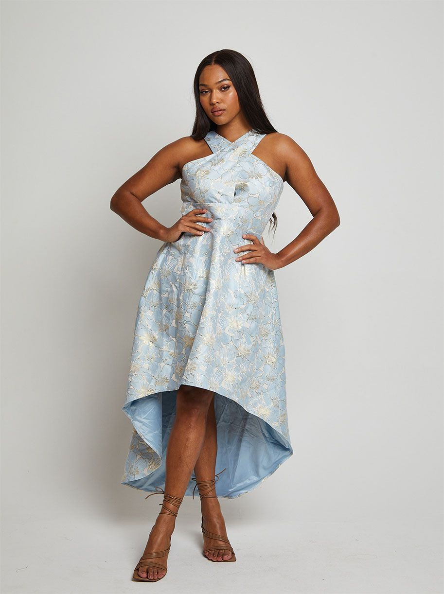 cross front halter dress Cross Front Halter Floral Jacquard Dip Hem Dress in Blue