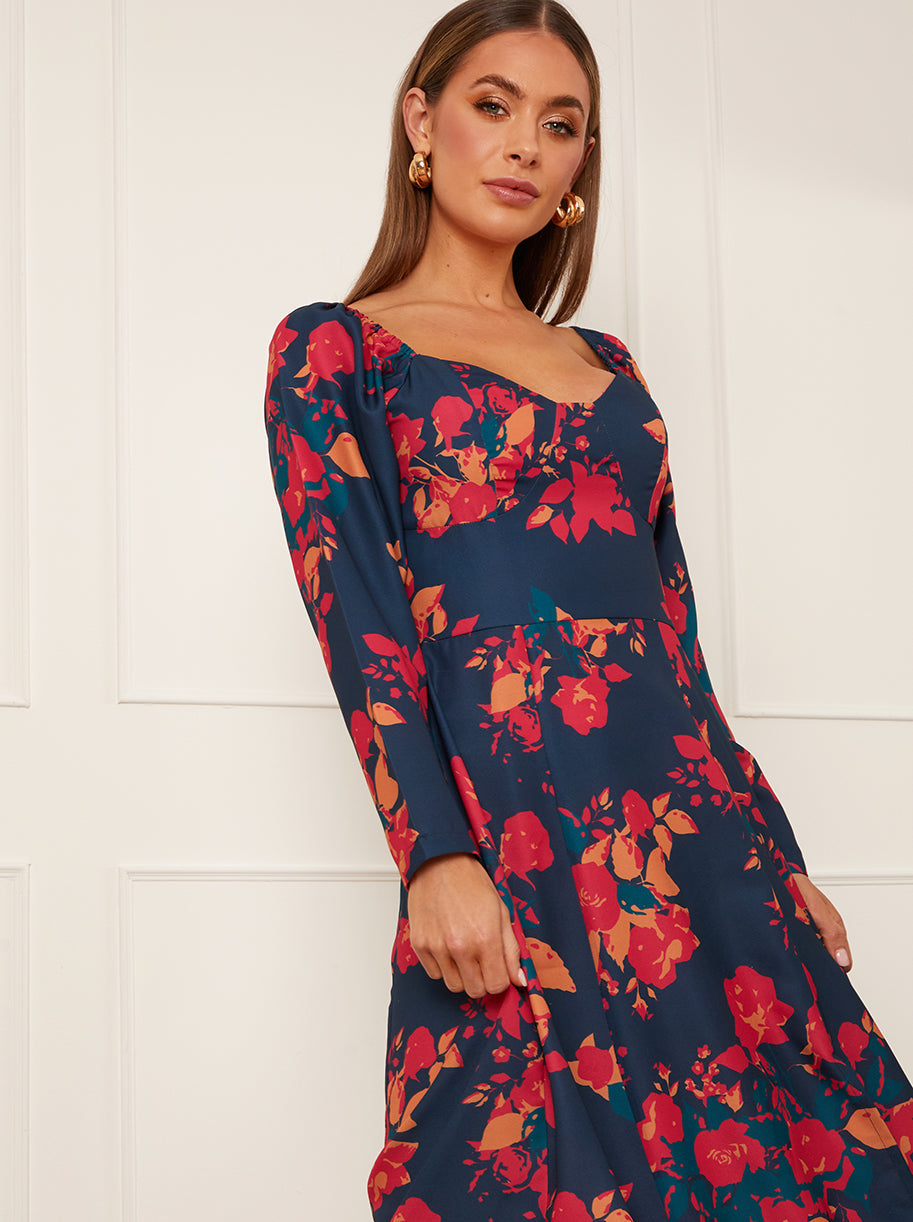 Long Sleeve Floral Midi Dress in Navy | Chi Chi London UK Long Sleeve Floral Midi Dress in Navy | Chi Chi London UK
