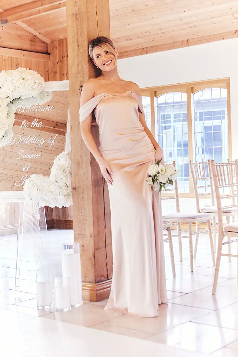 In The Style Light Gold Satin Bardot Ruched Maxi Dress 6 In The Style Light Gold Satin Bardot Ruched Maxi Dress 6