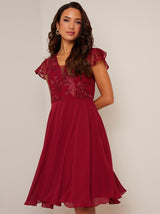 V Neck Embroidered Midi Dress in Red