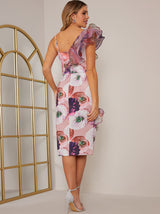 Ruffle Floral Print Bodycon Dress in Purple