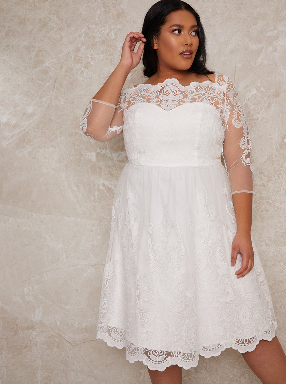 Plus Size Lace Long Sleeve Midi Wedding Dress White – Chi Chi